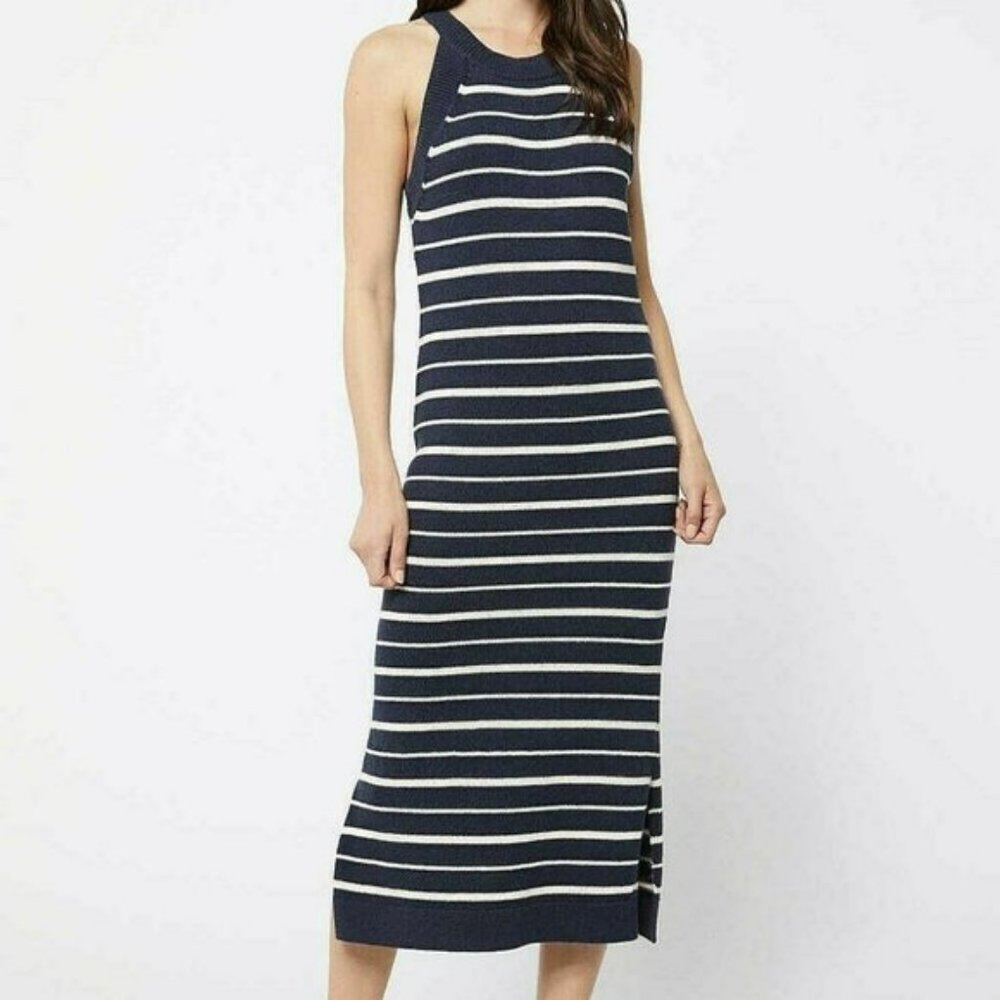 WITCHERY Navy Stripe Cotton blend Knit Sleeveless Midi Dress
